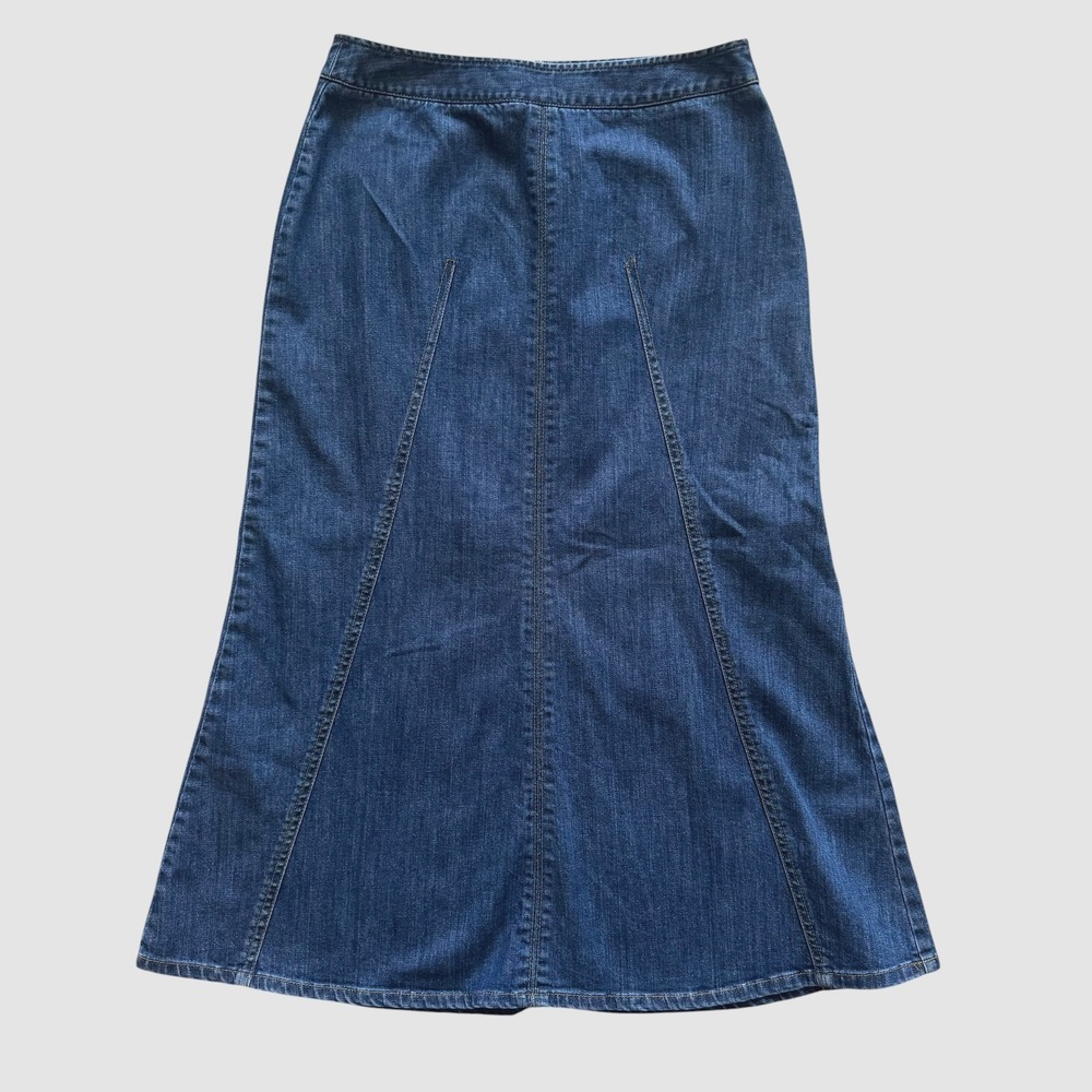 Vintage Talbots Petites Womens Blue Denim A-Line Maxi Skirt Stretch Boho sz 4 6P